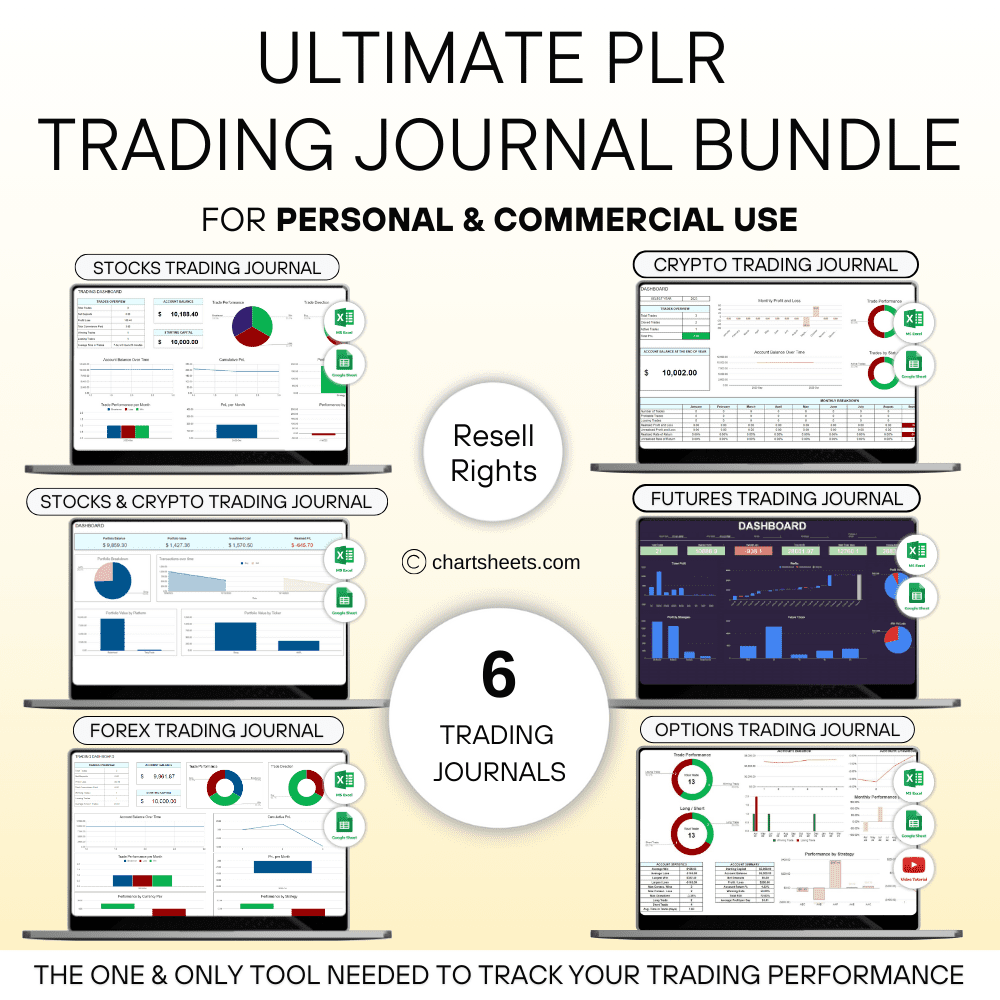 PLR Bundle of 6 Trading Journal Spreadsheet Templates for Futures, Stocks, Forex, and Crypto in Google Sheets & Excel with resell rights.