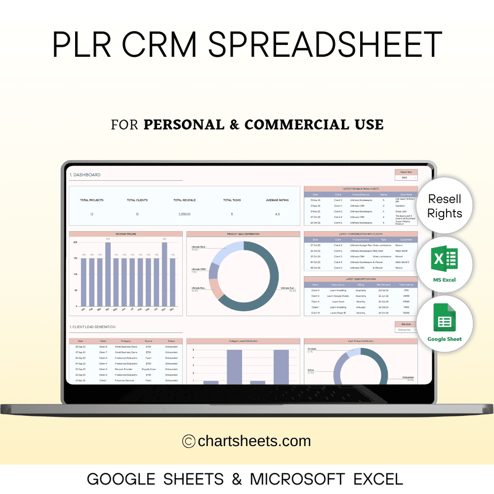 PLR CRM Spreadsheet Template for Small Business in Excel and Google Sheets with resell rights for client management