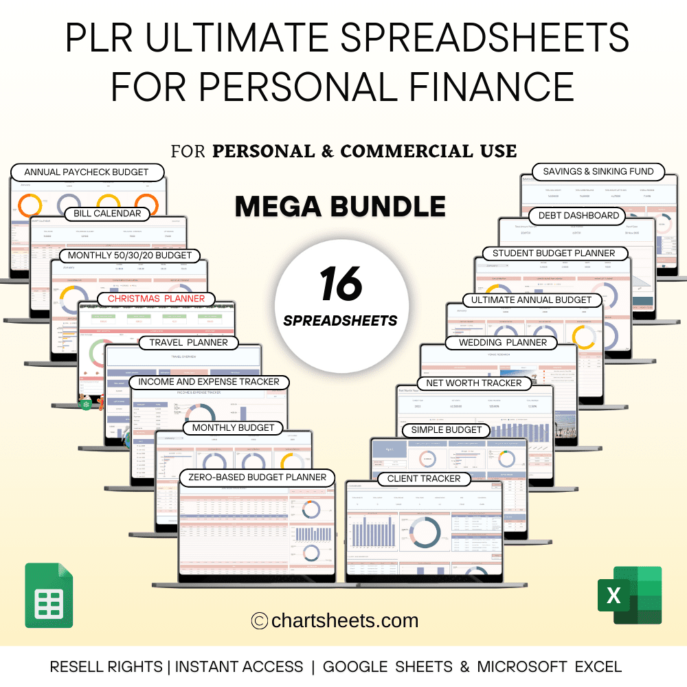 PLR BUNDLE collection of 16 Personal Finance Spreadsheet Templates for Google Sheets and Excel with resell rights.