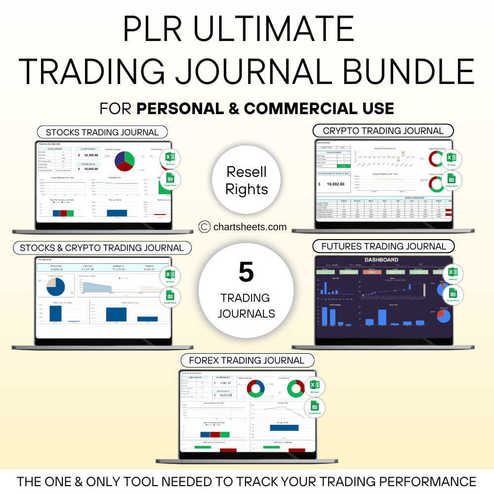 PLR Ultimate Trading Journals Bundle in Google Sheets & Excel for Futures, Stocks, Forex, Crypto, and Options - Includes 5 Resell Rights Templates.