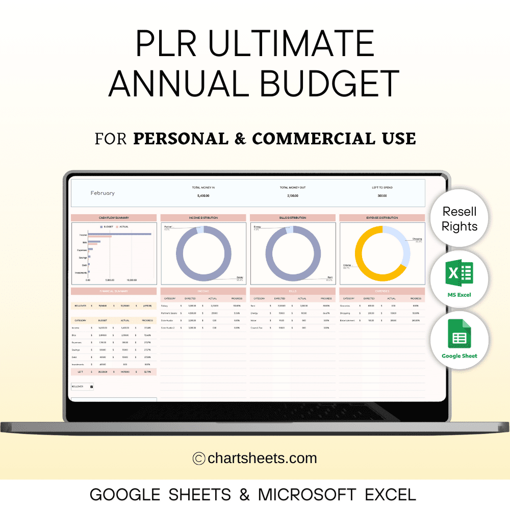 PLR Annual Budget Spreadsheet Template, Yearly Budget Planner in Excel & Google Sheets with Resell Rights