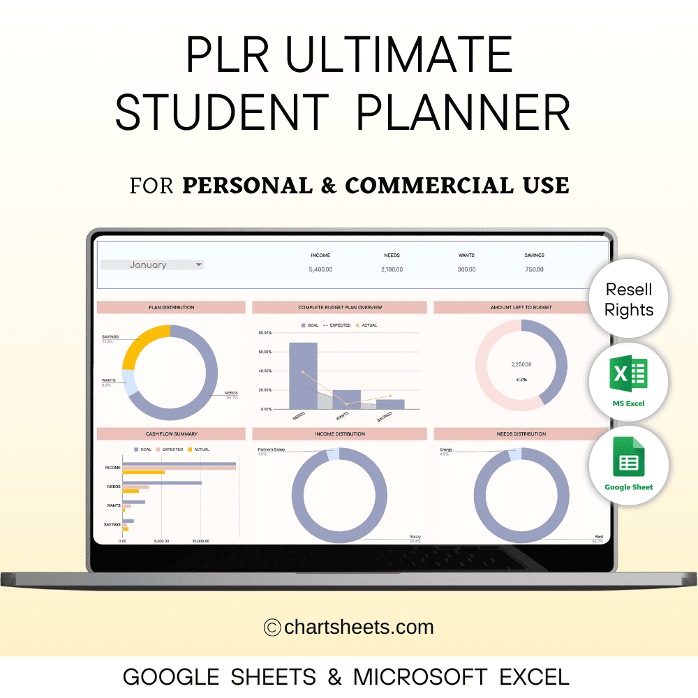 PLR Budget for Students Spreadsheet Template in Excel and Google Sheets, designed as a digital academic planner with resell rights.