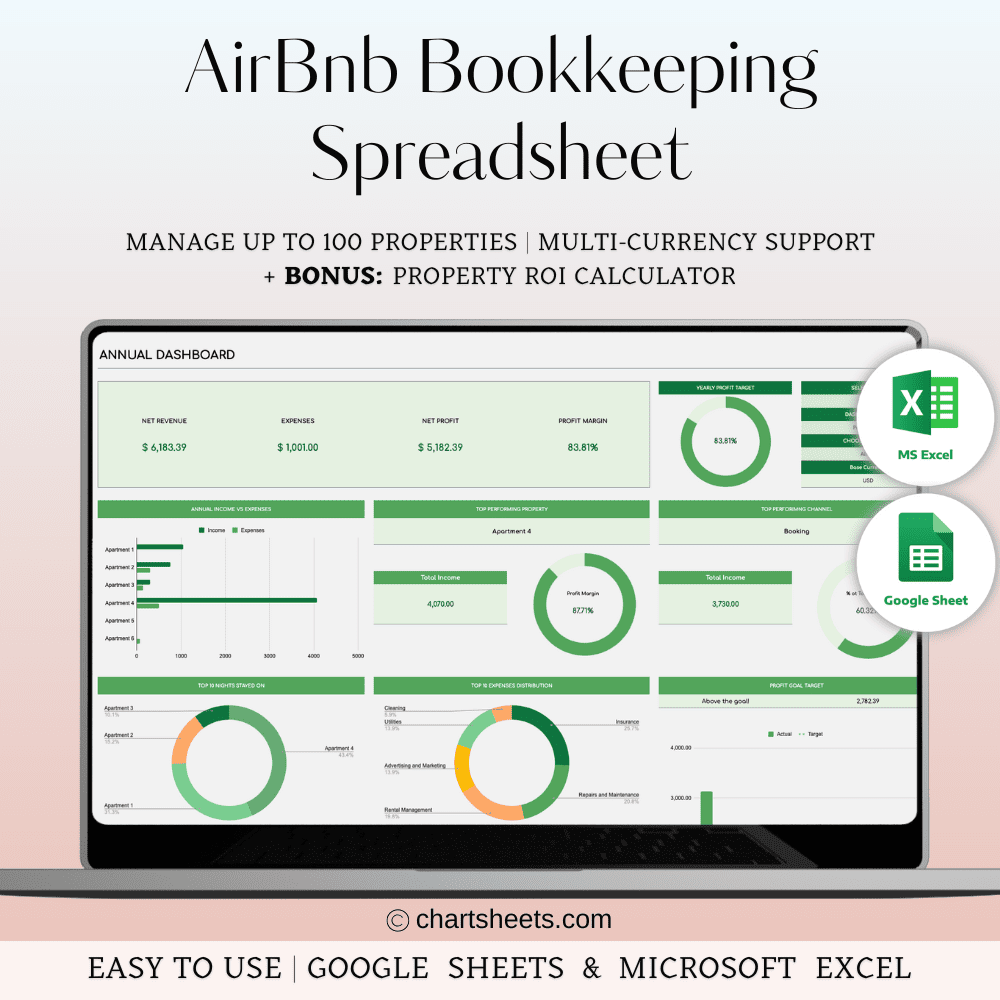 Airbnb Bookkeeping Income & Expense Spreadsheet Template | Excel & Google Sheets (Green Theme)