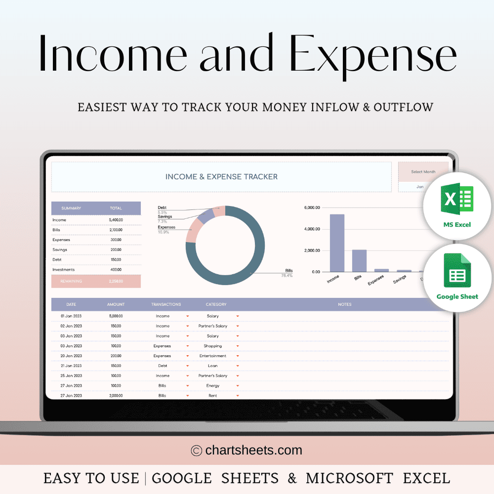 Income and Expense Tracker Spreadsheet for Excel & Google Sheets